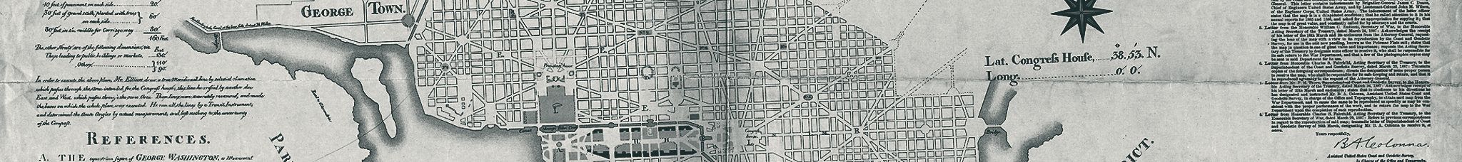 An early engraved plan of the city of Washington, showing George Town, the street grid, the Mall, the Congress House, a compass rose, and the plan's reference notes