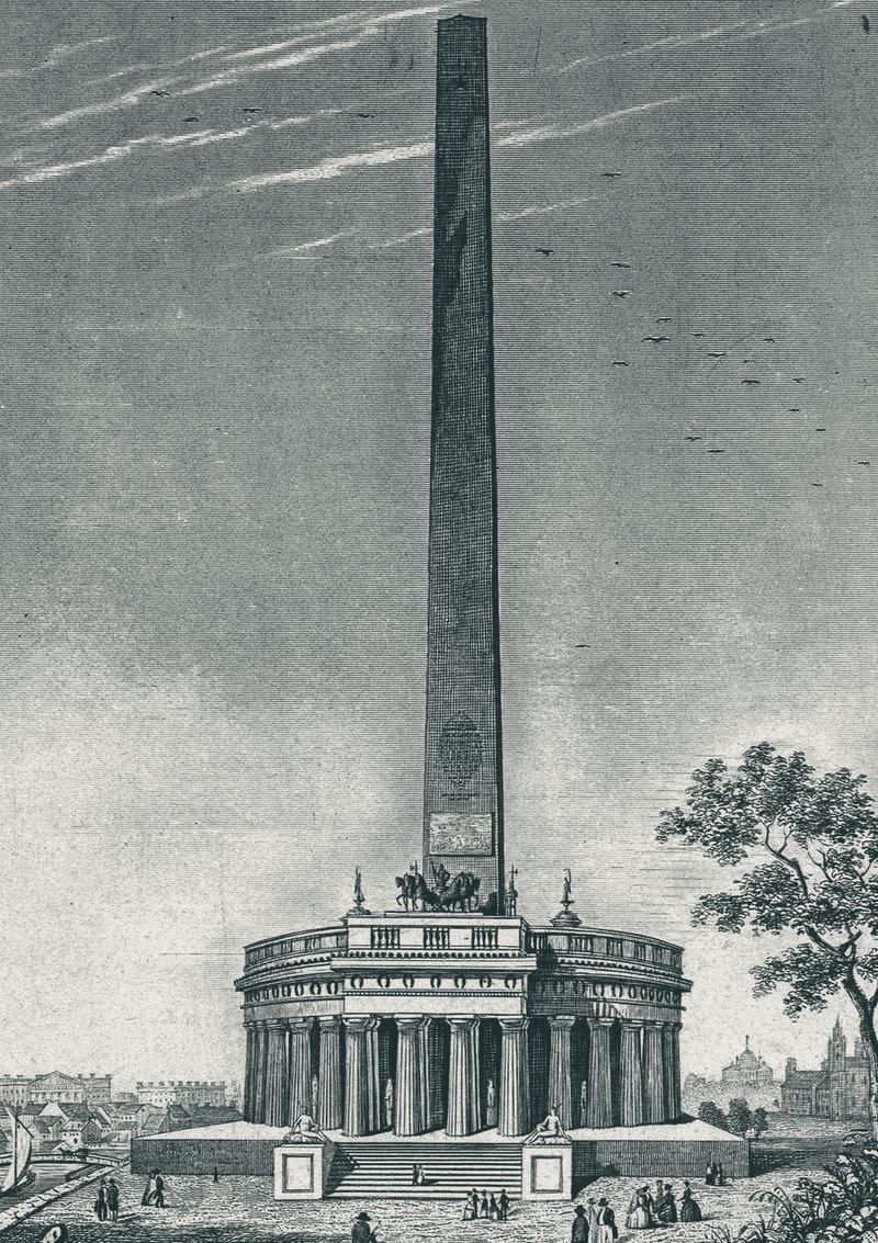 Engraving of Robert Mills's design for the Washington Monument, an obelisk rising from a circular colonnaded temple